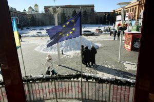 The European Union flag outside the Passage mall in Dnepropetrovsk, Ukraine, a gesture of revolt in a Russian-speaking region. Joseph Sywenkyj for The New York Times