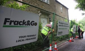 David Cameron's home in Dean, Oxfordshire, being turned into a 'fracking site' in protest at shale gas development. Photograph: Kristian Buus/Greenpeace/PA